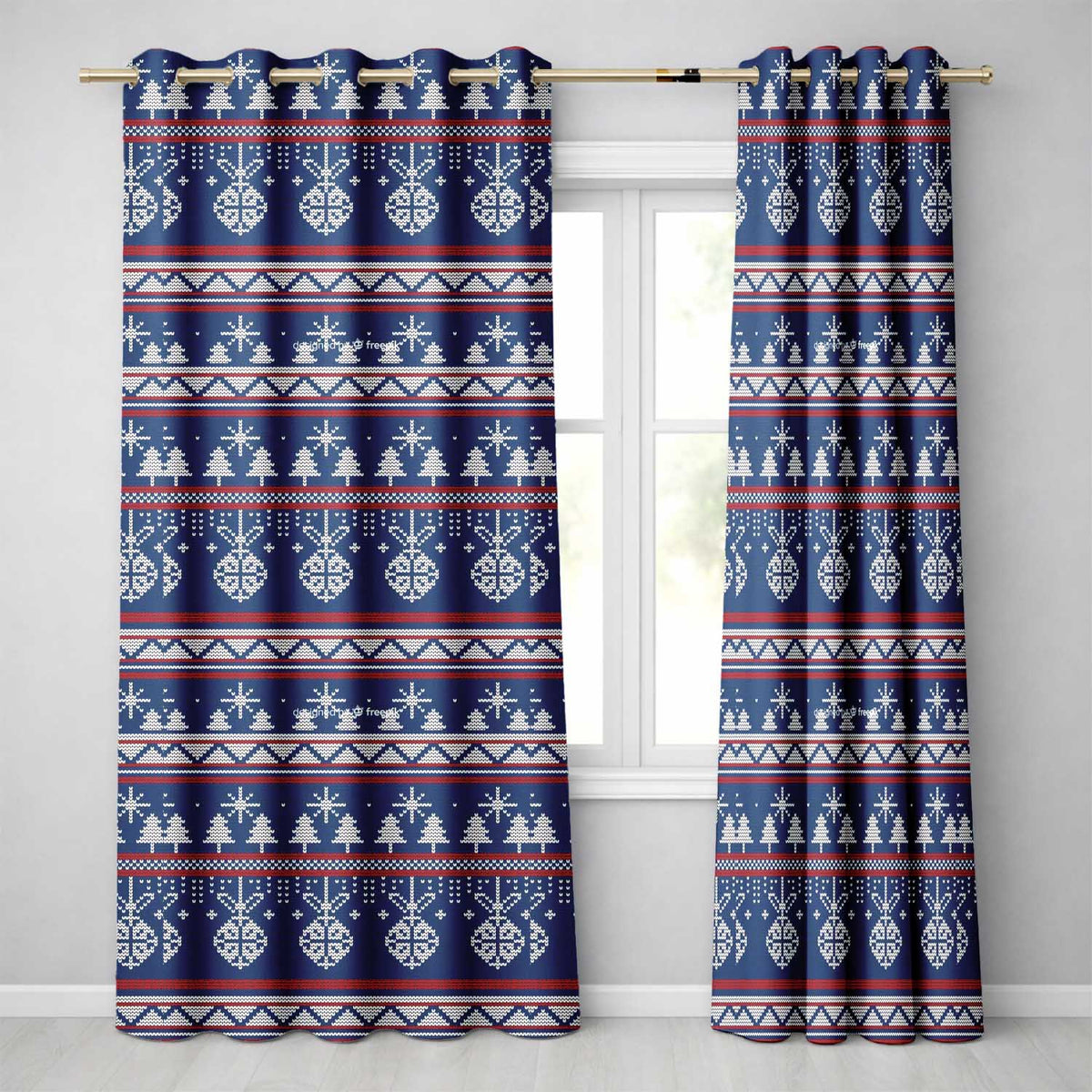 Cute Blue Nordic Ornament Snowflake Winter Knitted Seamless Pattern Readymade Eyelet Ring Top Thermal 100% Blackout Curtains