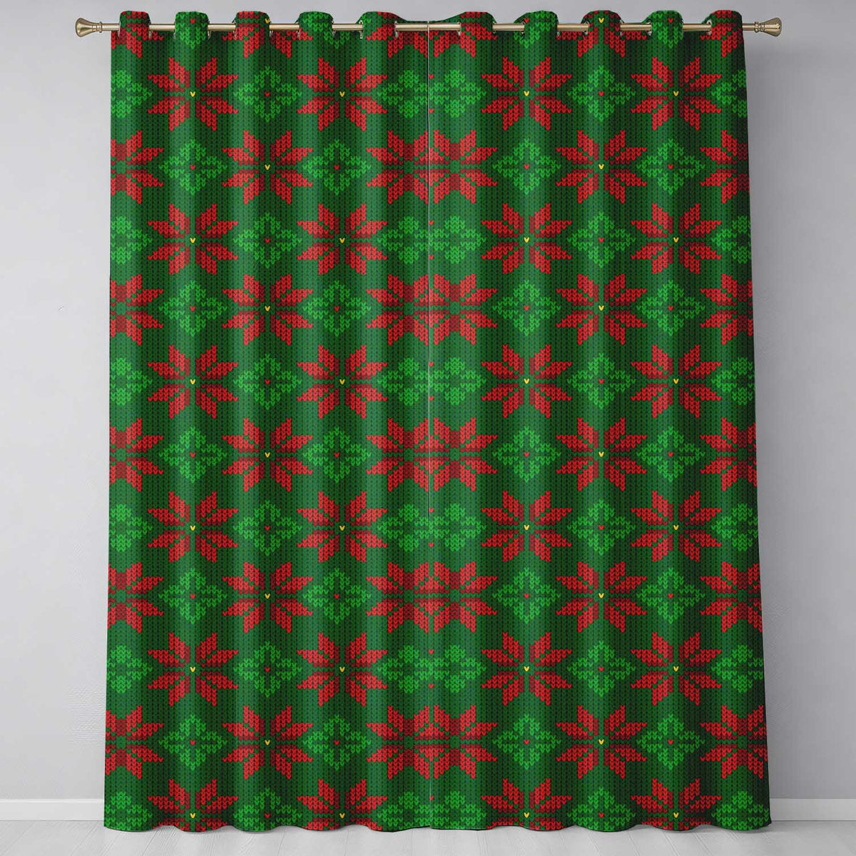 Cute Green Red Nordic Floral Snowflake Winter Knitted Seamless Pattern Readymade Eyelet Ring Top Thermal 100% Blackout Curtains