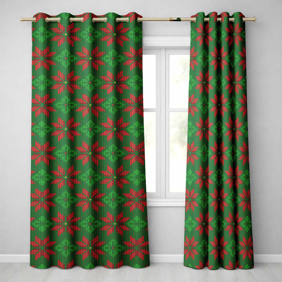 Cute Green Red Nordic Floral Snowflake Winter Knitted Seamless Pattern Readymade Eyelet Ring Top Thermal 100% Blackout Curtains