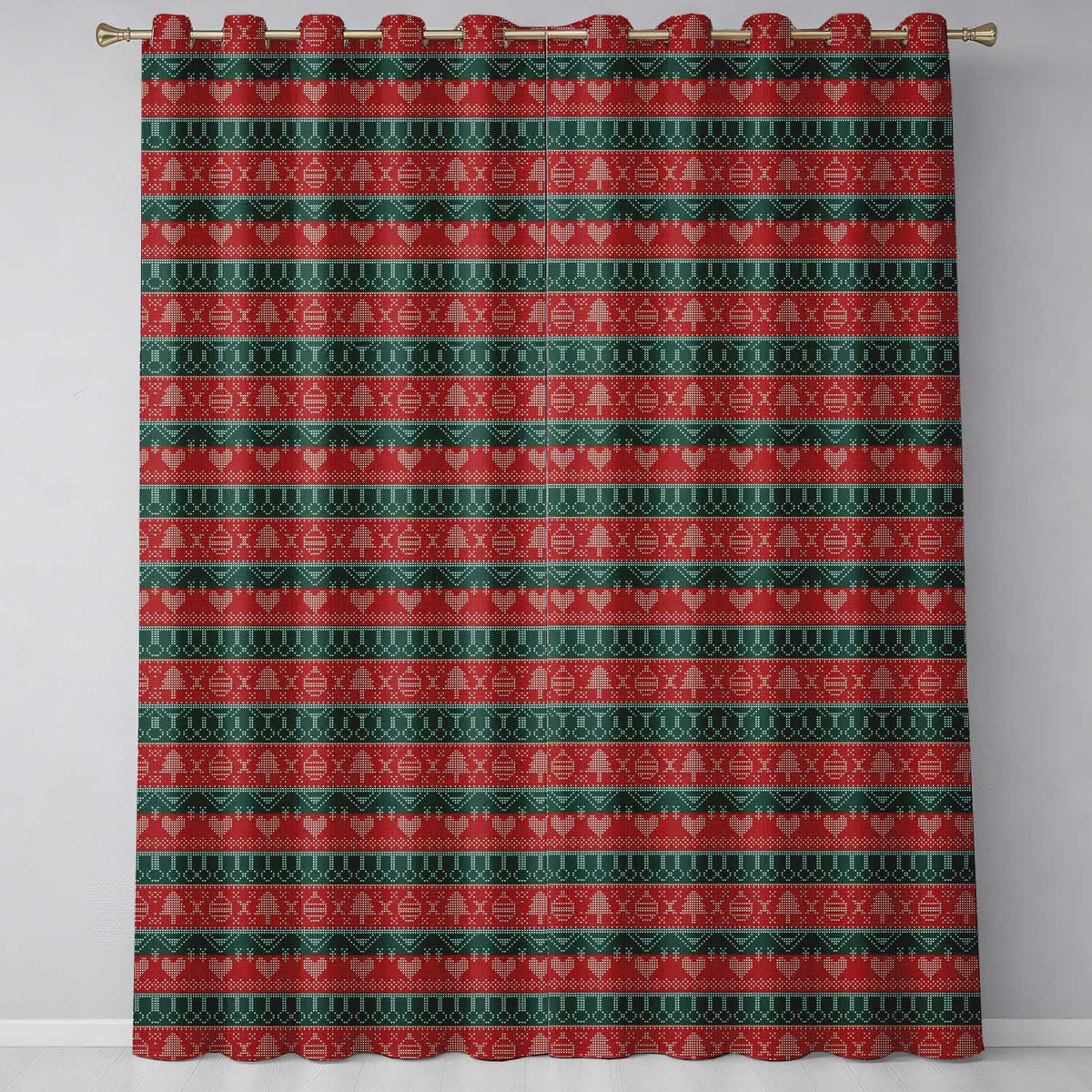 Classic Nordic Christmas Ornament Heart Stripe Knit Seamless Pattern Readymade Eyelet Ring Top Thermal 100% Blackout Curtains