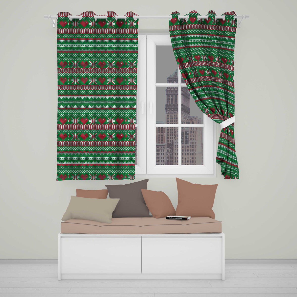 Christmas Heart Stripe Scandinavian Knit Seamless Pattern Readymade Eyelet Ring Top Thermal 100% Blackout Curtains