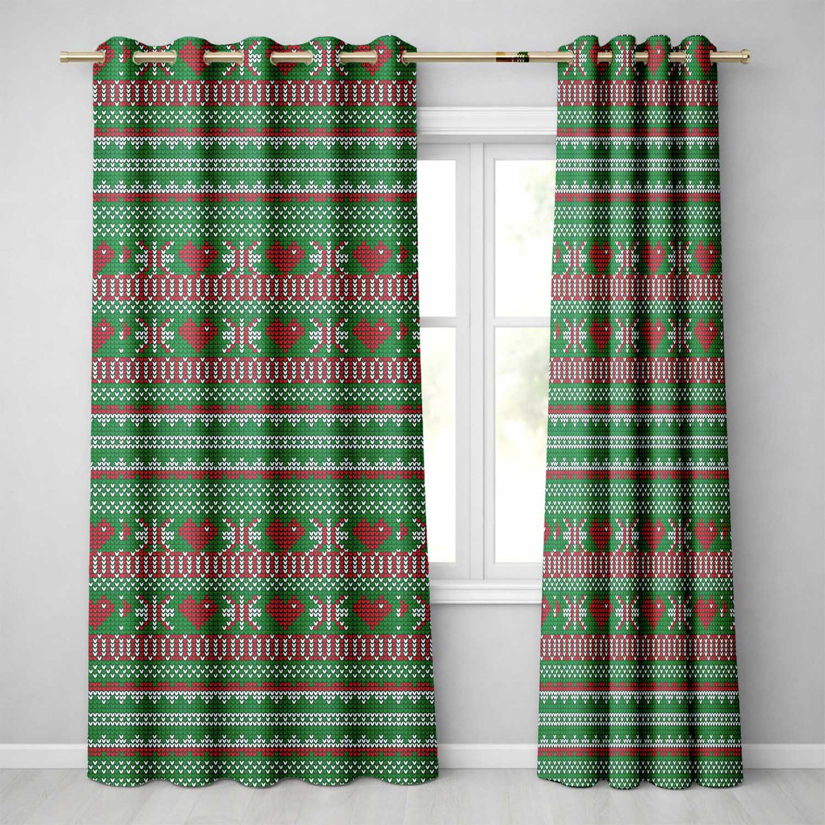 Christmas Heart Stripe Scandinavian Knit Seamless Pattern Readymade Eyelet Ring Top Thermal 100% Blackout Curtains