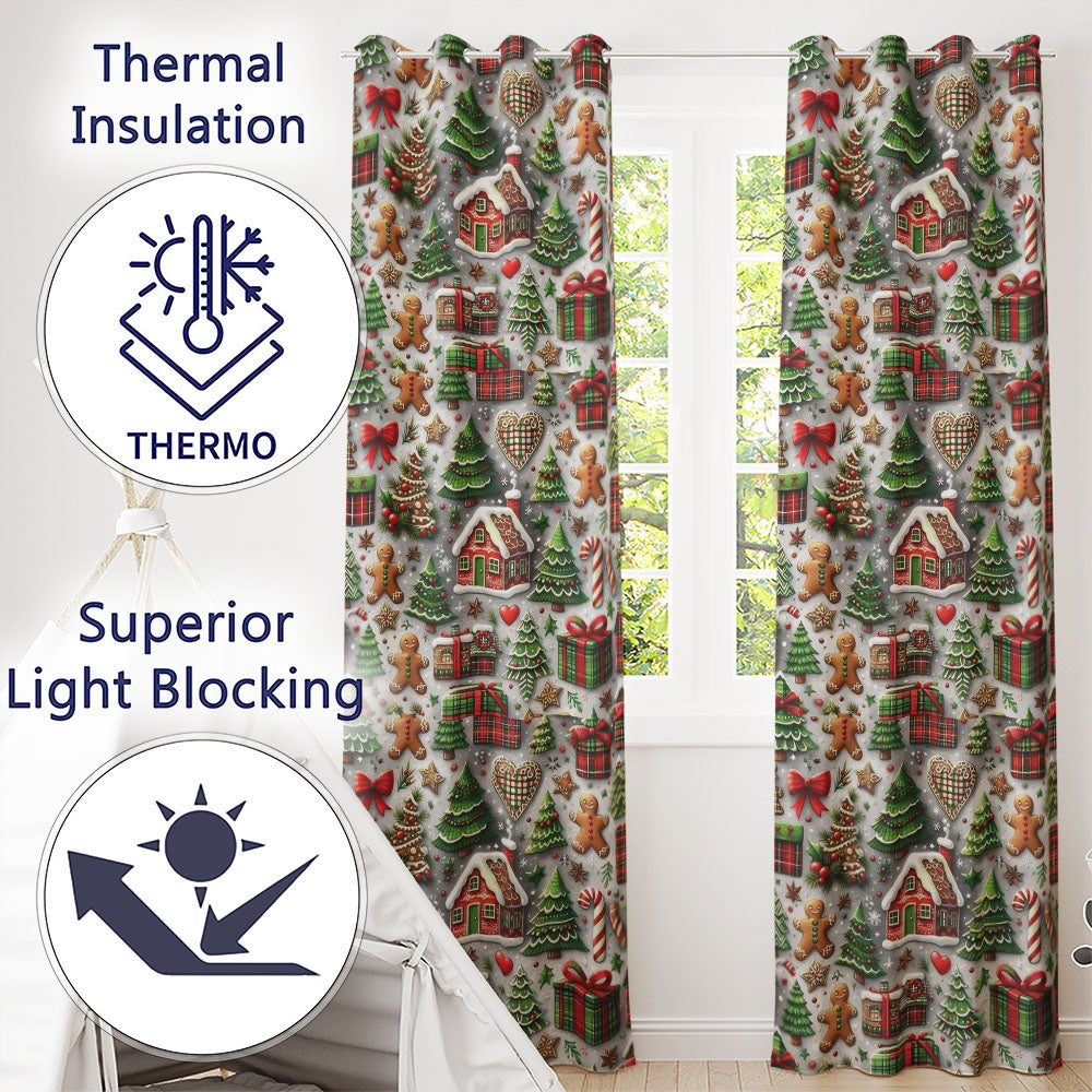 Christmas Gingerbread House Tree Cookie Festive Seamless Pattern Readymade Eyelet Ring Top Thermal 100% Blackout Curtains