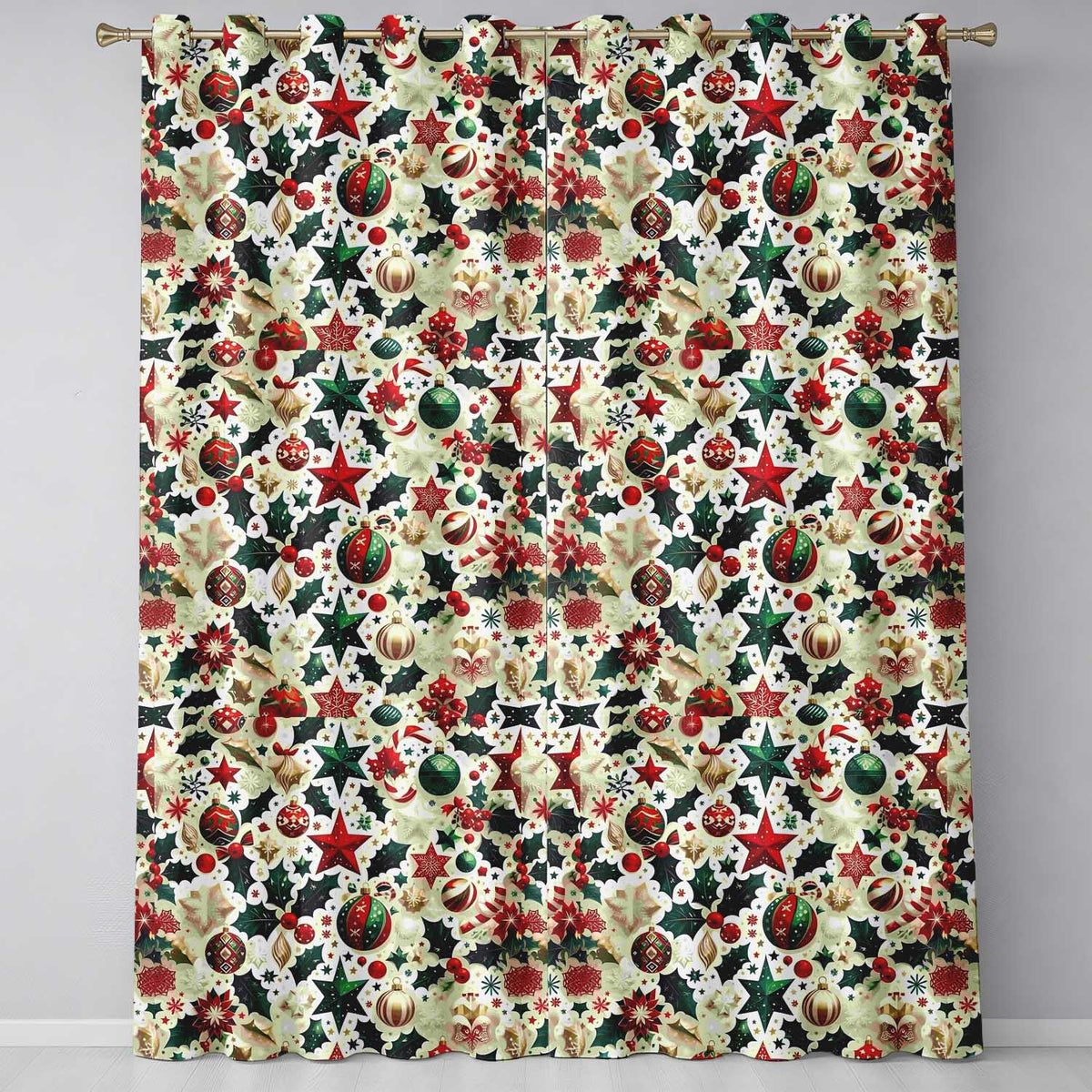 Festive Christmas Stars Ornaments Holly Leaves Seamless Pattern Readymade Eyelet Ring Top Thermal 100% Blackout Curtains