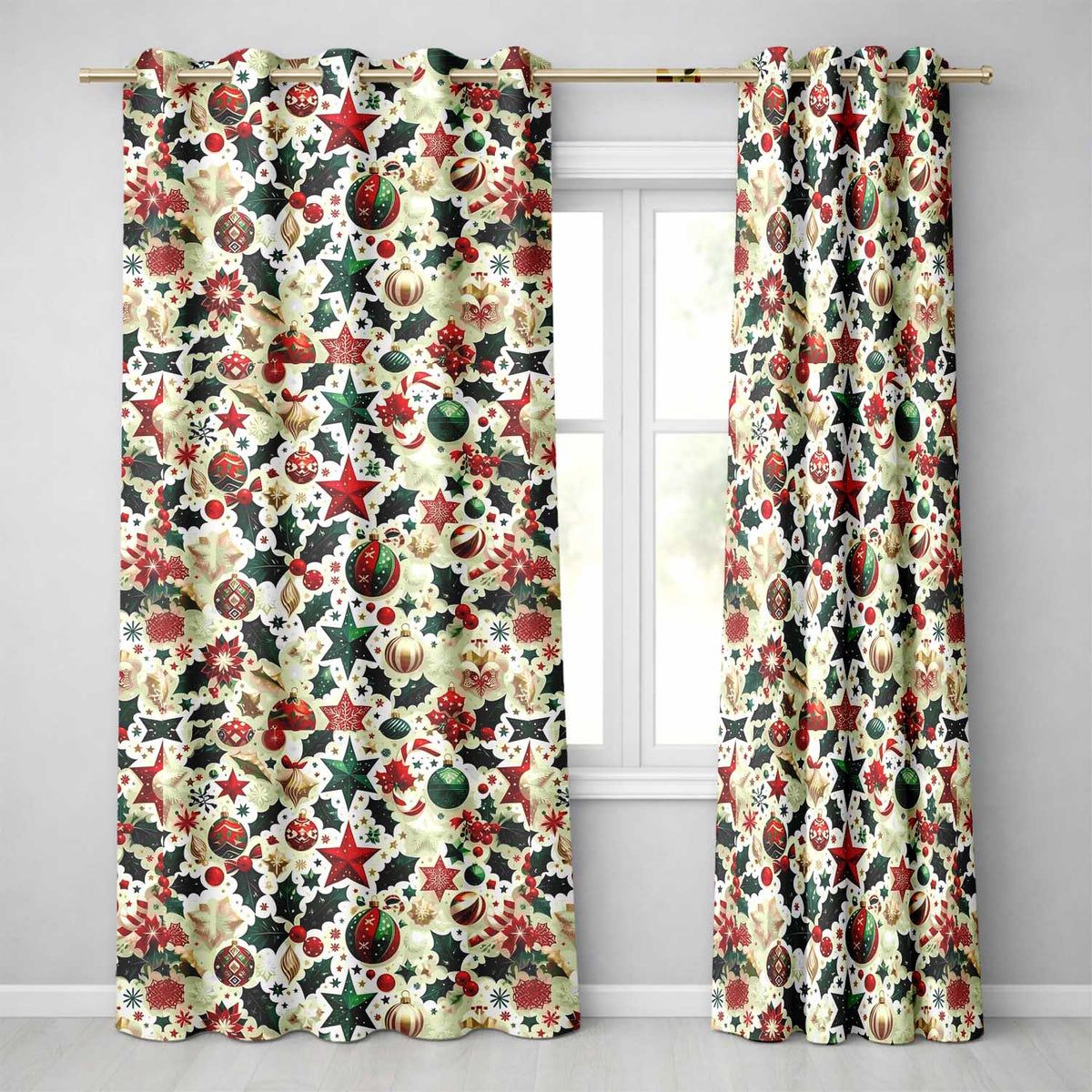 Festive Christmas Stars Ornaments Holly Leaves Seamless Pattern Readymade Eyelet Ring Top Thermal 100% Blackout Curtains