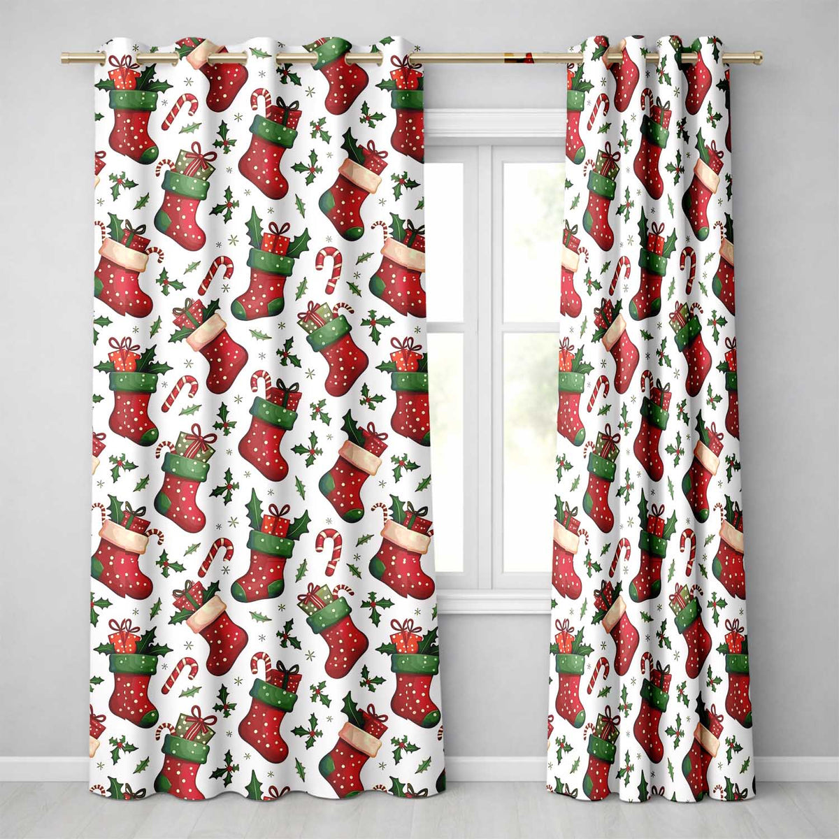 Cute Christmas Stockings Gifts Candy Cane Holly Seamless Pattern Readymade Eyelet Ring Top Thermal 100% Blackout Curtains