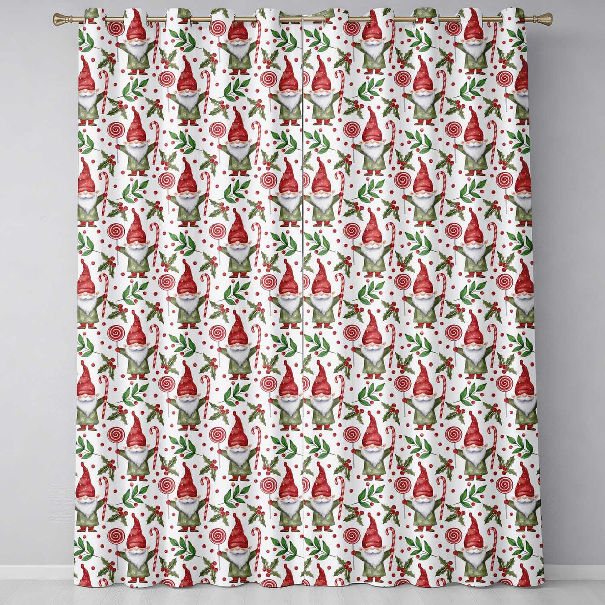 Watercolor Christmas Gnome Candy Cane Holly Berry Seamless Pattern Readymade Eyelet Ring Top Thermal 100% Blackout Curtains