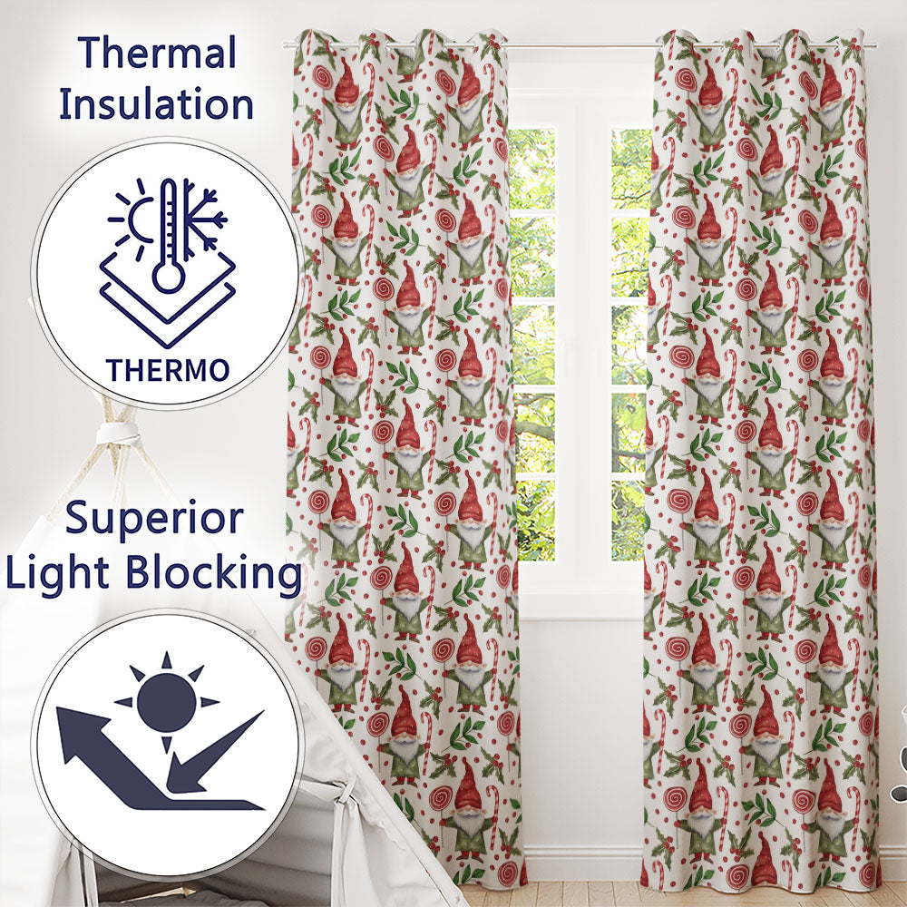 Watercolor Christmas Gnome Candy Cane Holly Berry Seamless Pattern Readymade Eyelet Ring Top Thermal 100% Blackout Curtains