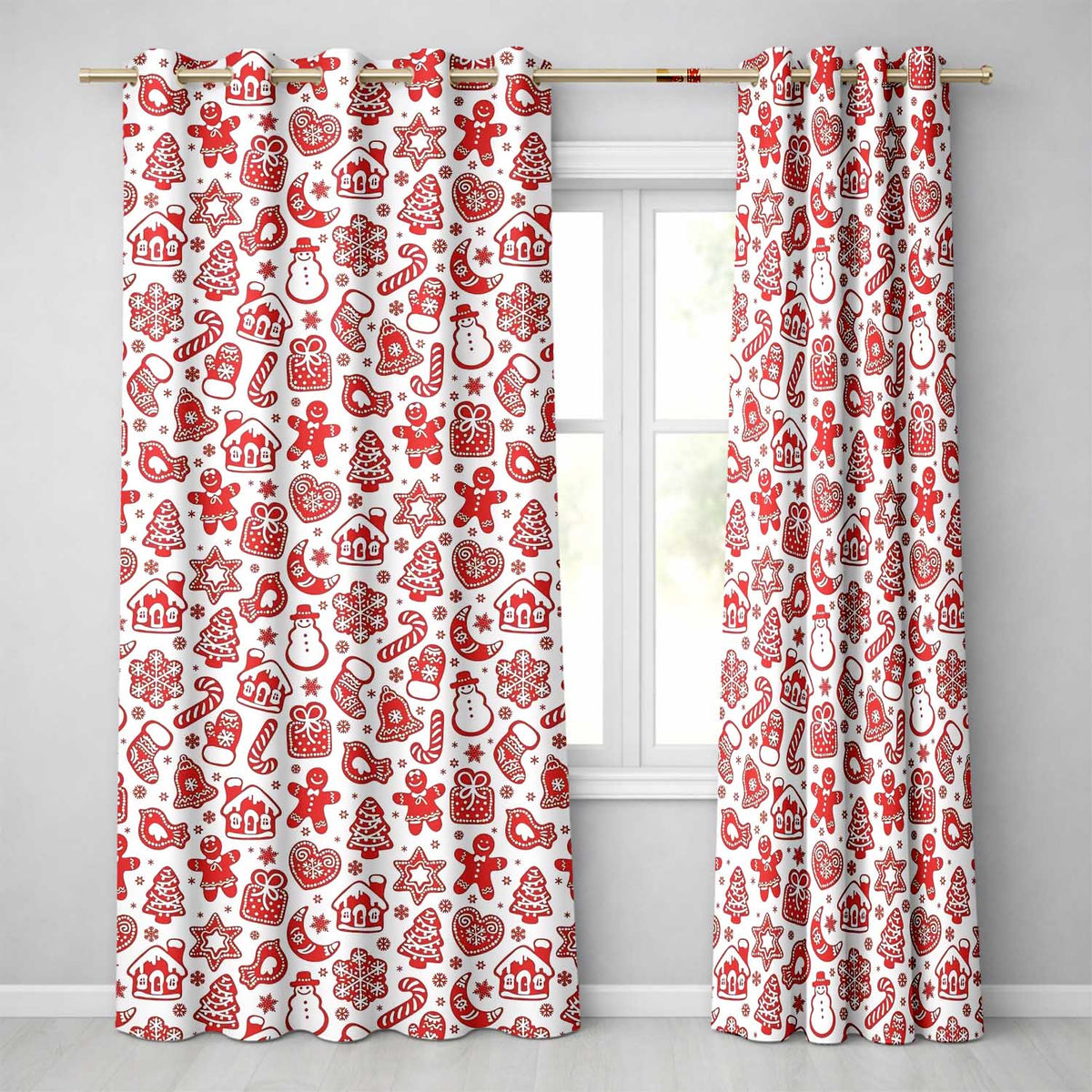 Scandinavian Red White Christmas Cookie Seamless Pattern Readymade Eyelet Ring Top Thermal 100% Blackout Curtains