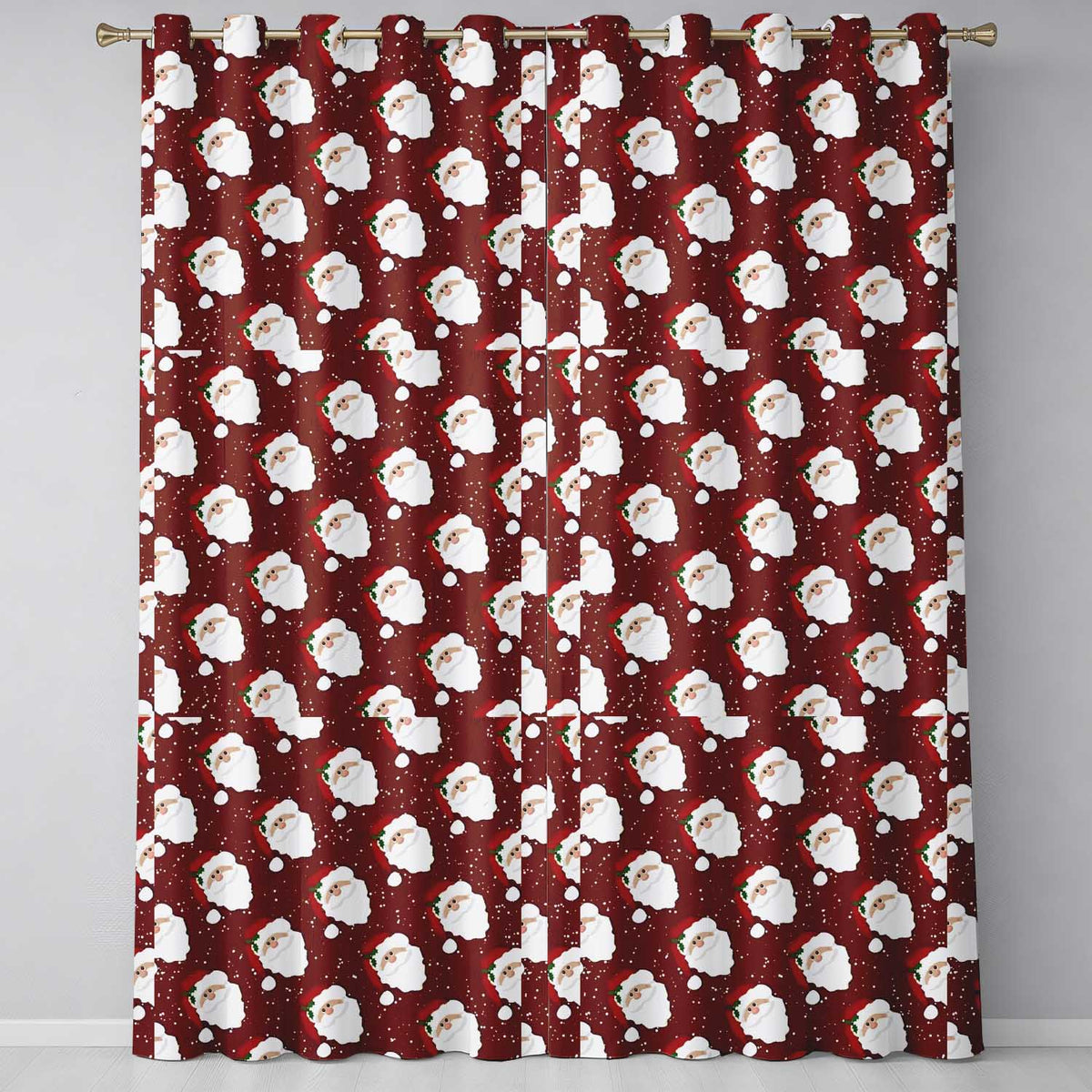 Cute Santa Face Red Snow Background Christmas Seamless Pattern Readymade Eyelet Ring Top Thermal 100% Blackout Curtains