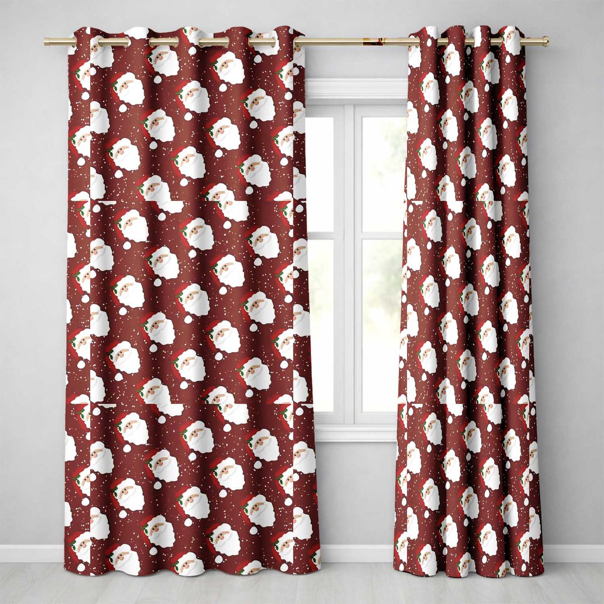 Cute Santa Face Red Snow Background Christmas Seamless Pattern Readymade Eyelet Ring Top Thermal 100% Blackout Curtains