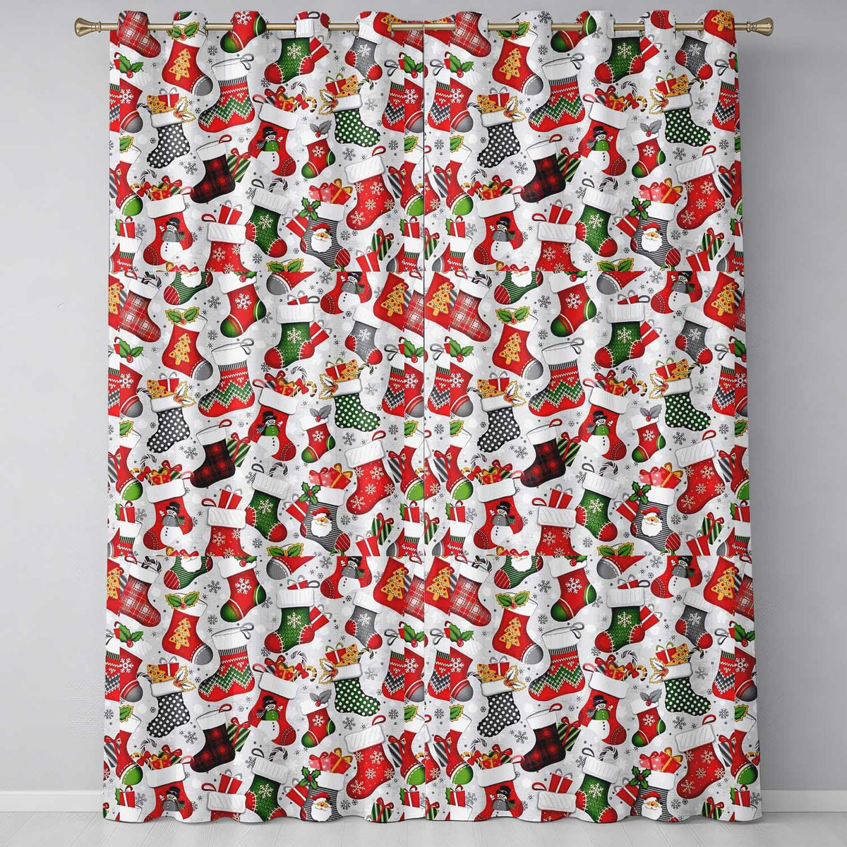 Christmas Stockings Gifts Candy Cane Snowflake Seamless Pattern Readymade Eyelet Ring Top Thermal 100% Blackout Curtains