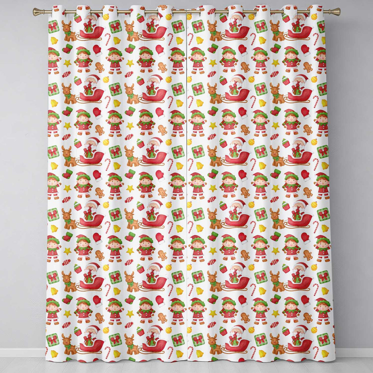 Cute Santa Sleigh Reindeer Elf Christmas Seamless Pattern Readymade Eyelet Ring Top Thermal 100% Blackout Curtains