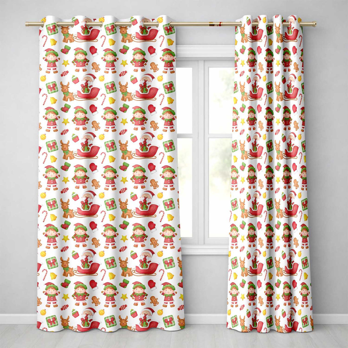 Cute Santa Sleigh Reindeer Elf Christmas Seamless Pattern Readymade Eyelet Ring Top Thermal 100% Blackout Curtains