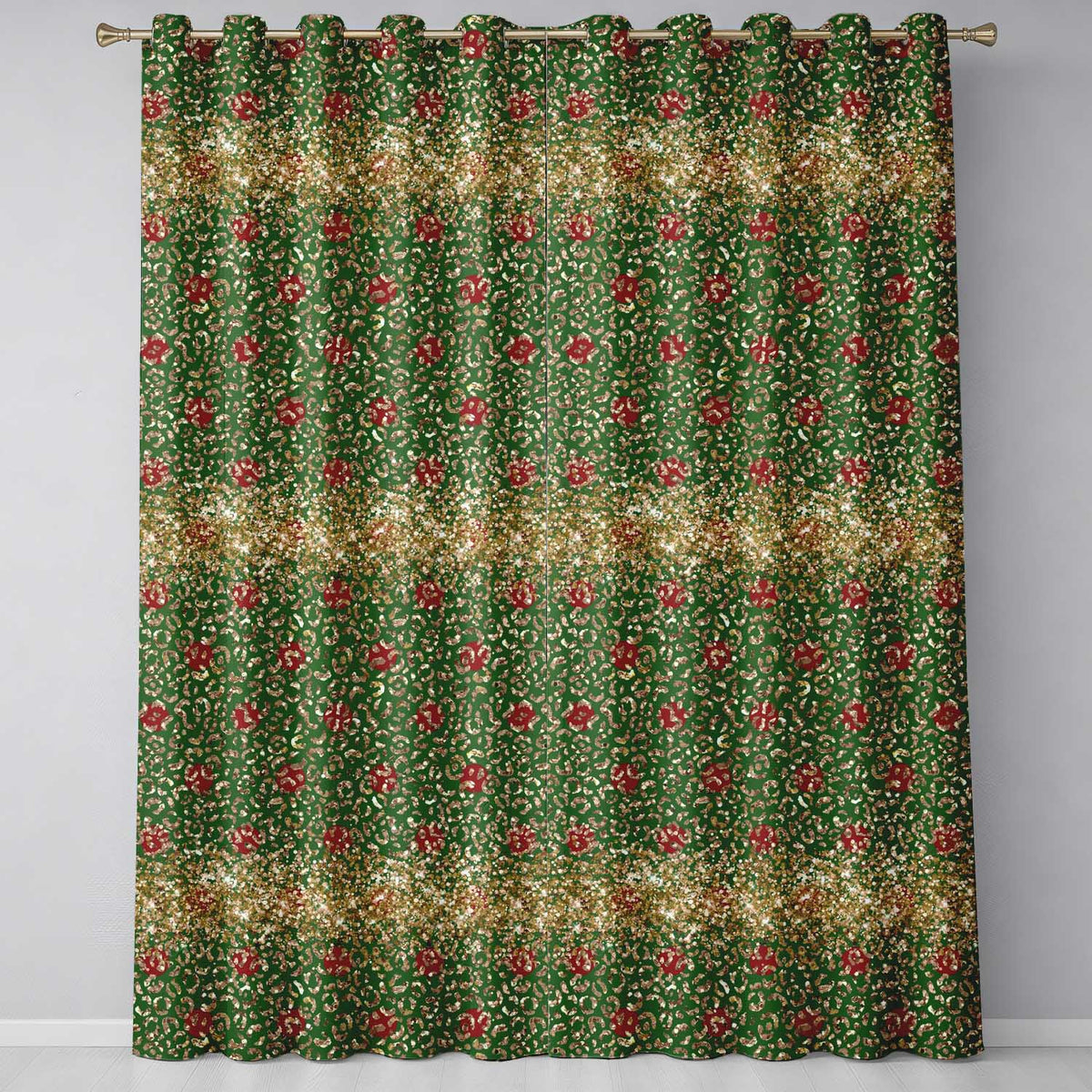 Gold Leopard Print Glitter Christmas Seamless Pattern Readymade Eyelet Ring Top Thermal 100% Blackout Curtains