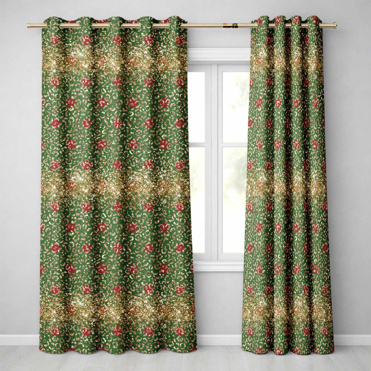 Gold Leopard Print Glitter Christmas Seamless Pattern Readymade Eyelet Ring Top Thermal 100% Blackout Curtains