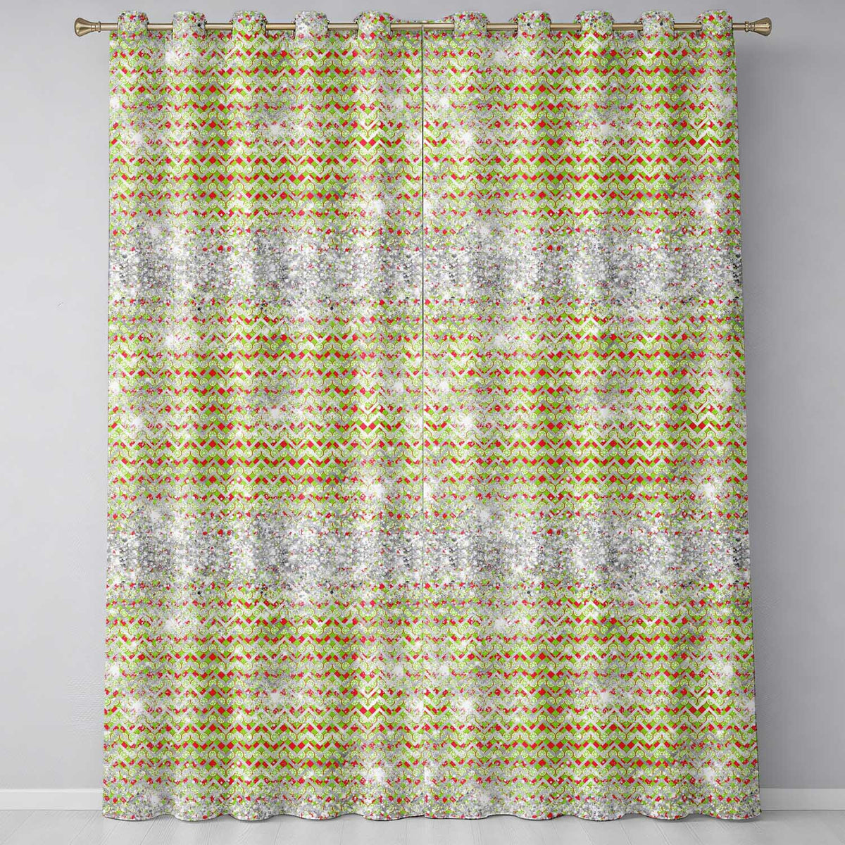 Green Red Chevron Silver Glitter Christmas Seamless Pattern Readymade Eyelet Ring Top Thermal 100% Blackout Curtains