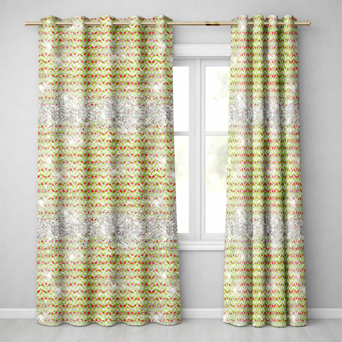 Green Red Chevron Silver Glitter Christmas Seamless Pattern Readymade Eyelet Ring Top Thermal 100% Blackout Curtains