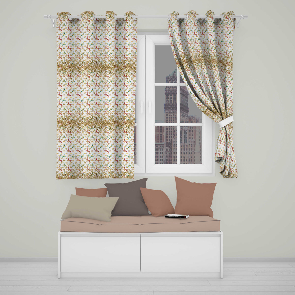 Festive Reindeer Heart Gold Glitter Christmas Seamless Pattern Readymade Eyelet Ring Top Thermal 100% Blackout Curtains