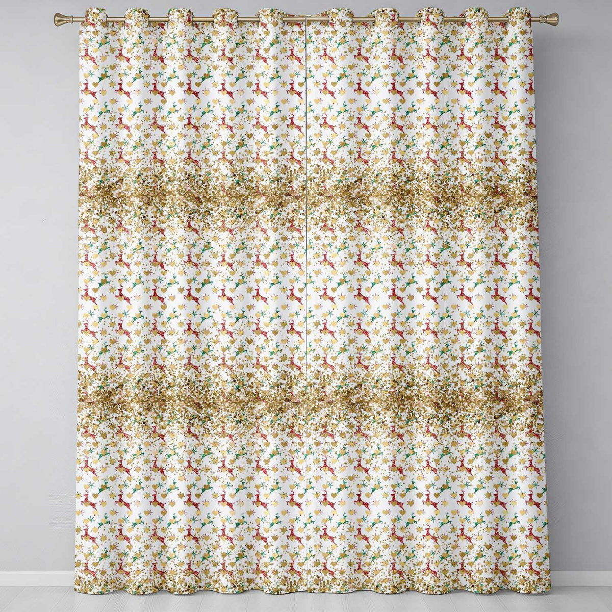 Festive Reindeer Heart Gold Glitter Christmas Seamless Pattern Readymade Eyelet Ring Top Thermal 100% Blackout Curtains
