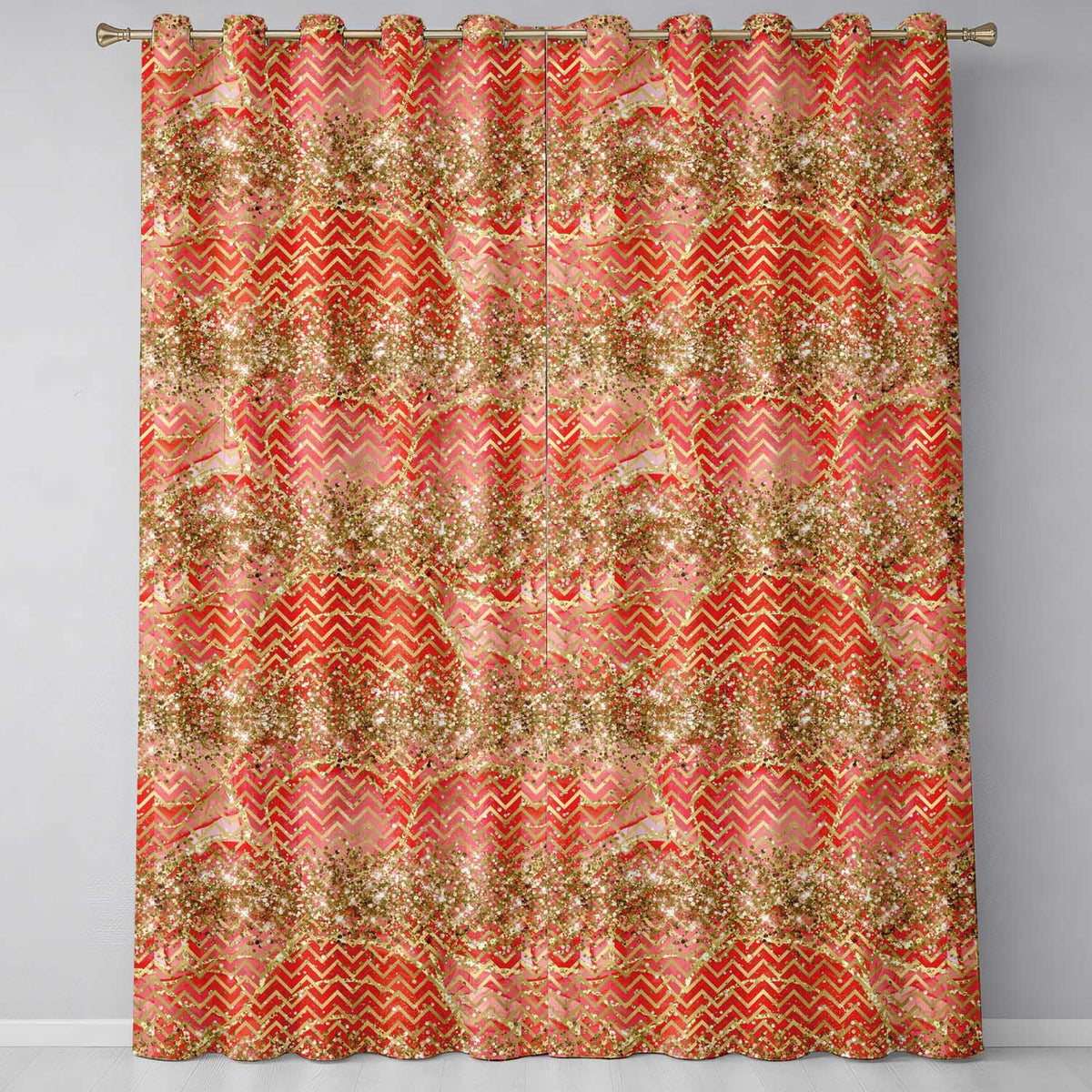 Gold Glitter Chevron Festive Christmas Seamless Pattern Readymade Eyelet Ring Top Thermal 100% Blackout Curtains