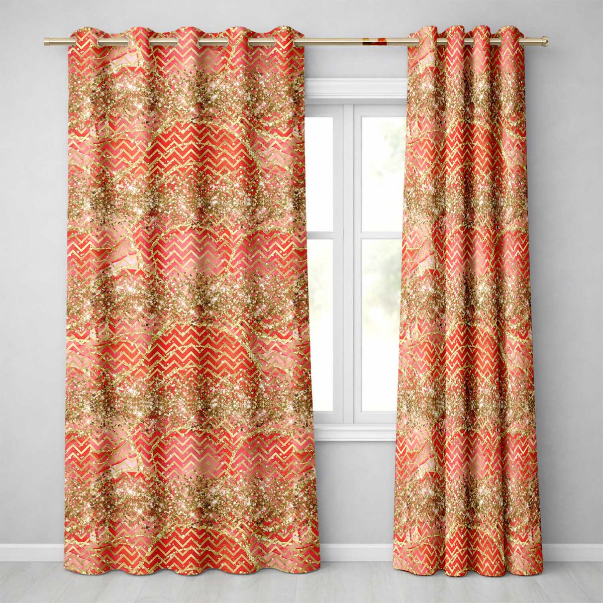 Gold Glitter Chevron Festive Christmas Seamless Pattern Readymade Eyelet Ring Top Thermal 100% Blackout Curtains