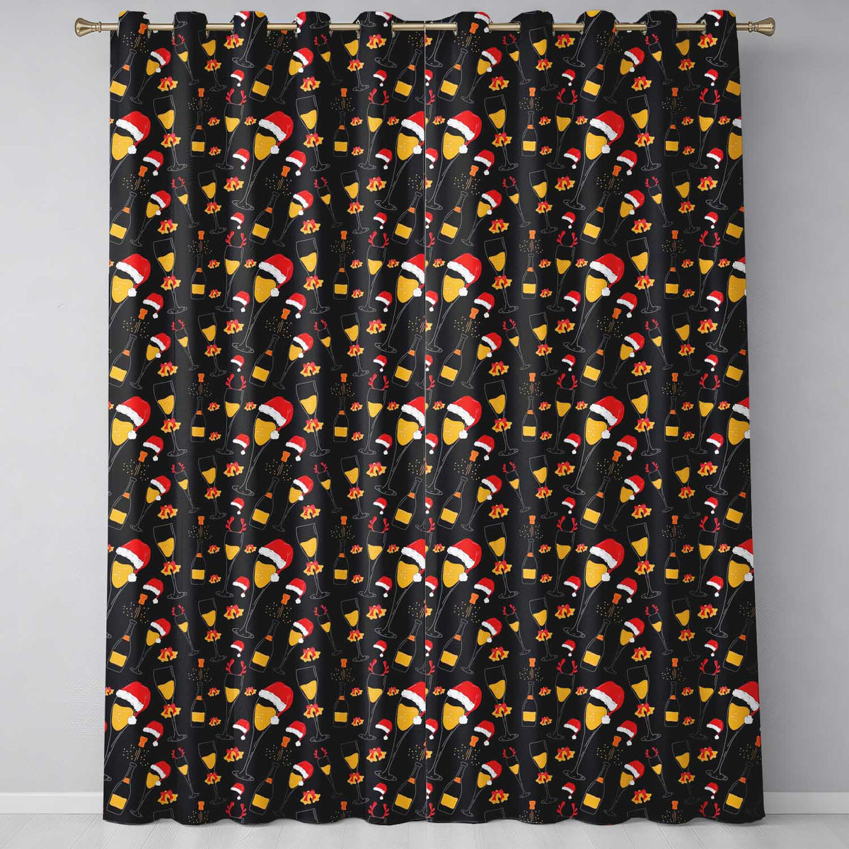 Festive Champagne Glass Santa Hat Christmas Seamless Pattern Readymade Eyelet Ring Top Thermal 100% Blackout Curtains