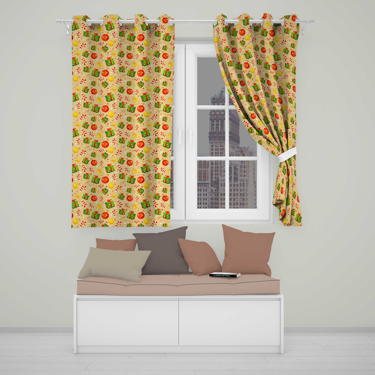 Christmas Gifts Candy Cane Baubles Festive Seamless Pattern Readymade Eyelet Ring Top Thermal 100% Blackout Curtains
