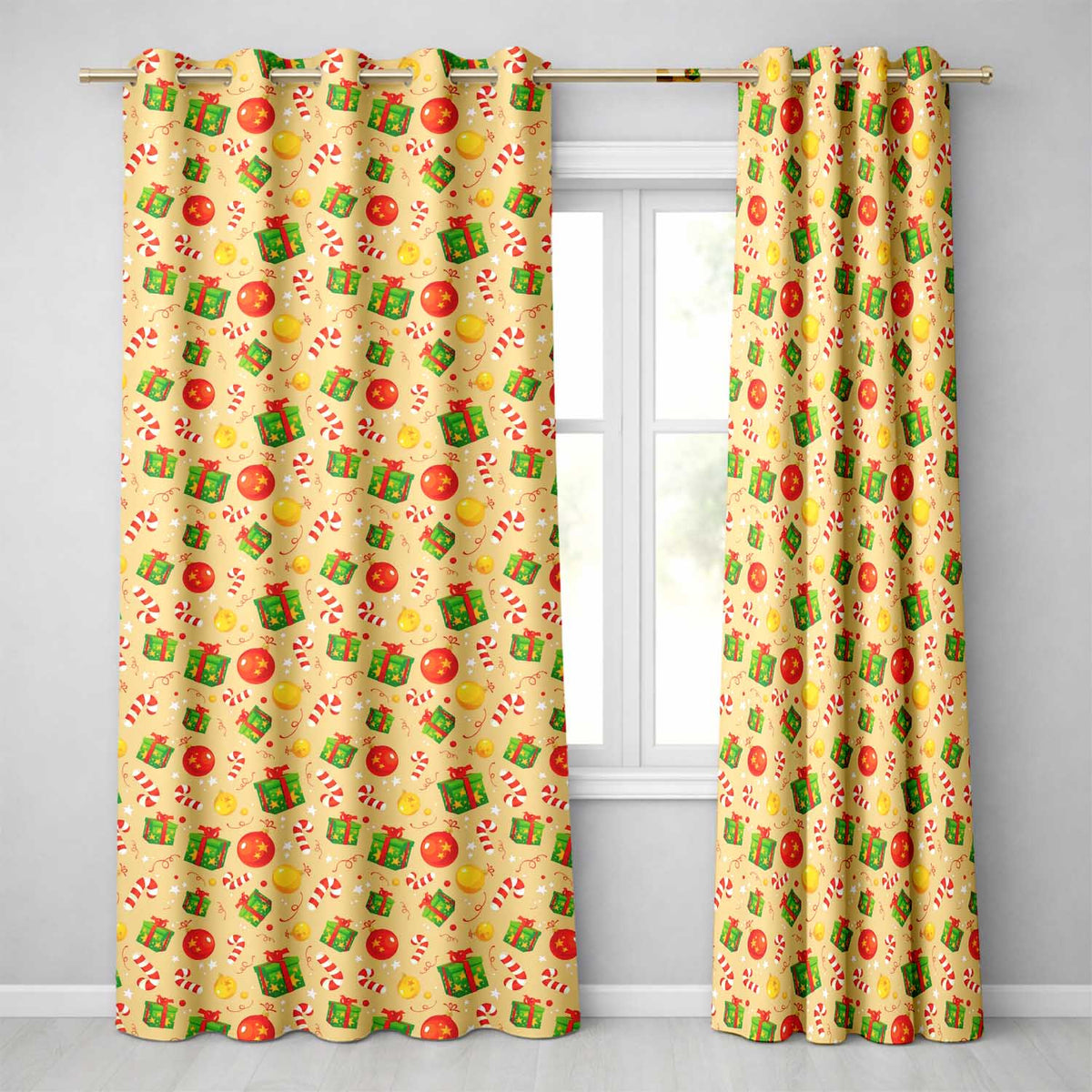 Christmas Gifts Candy Cane Baubles Festive Seamless Pattern Readymade Eyelet Ring Top Thermal 100% Blackout Curtains