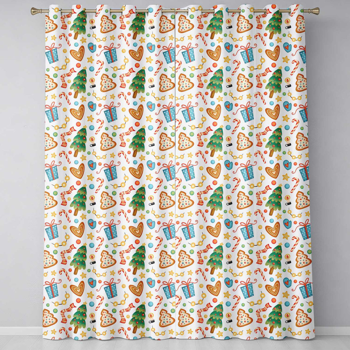 Watercolor Christmas Tree Cookie Candy Festive Seamless Pattern Readymade Eyelet Ring Top Thermal 100% Blackout Curtains