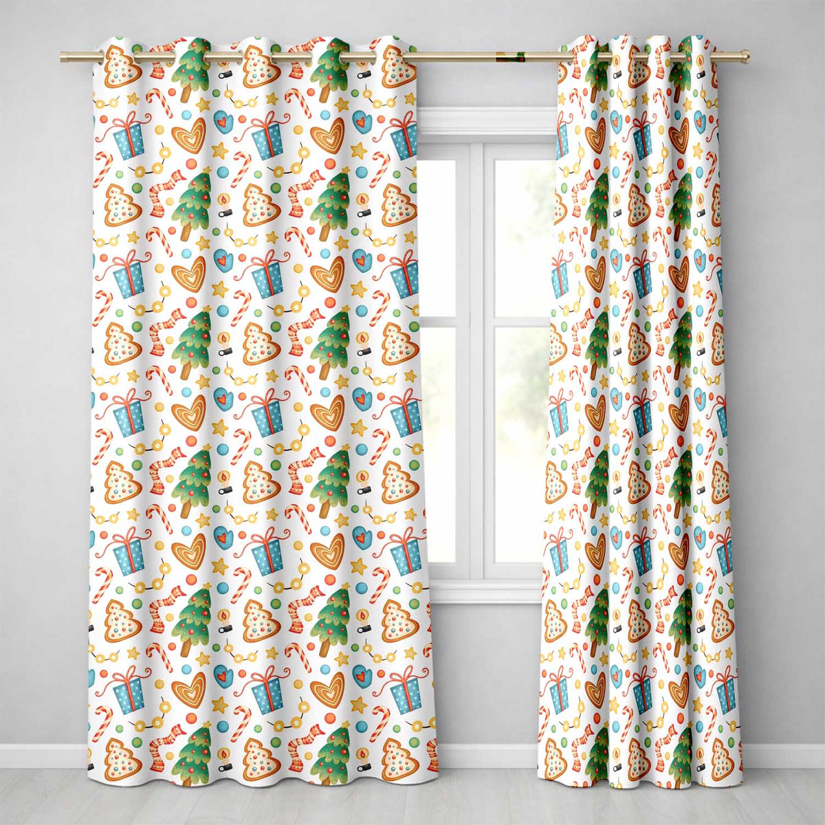 Watercolor Christmas Tree Cookie Candy Festive Seamless Pattern Readymade Eyelet Ring Top Thermal 100% Blackout Curtains