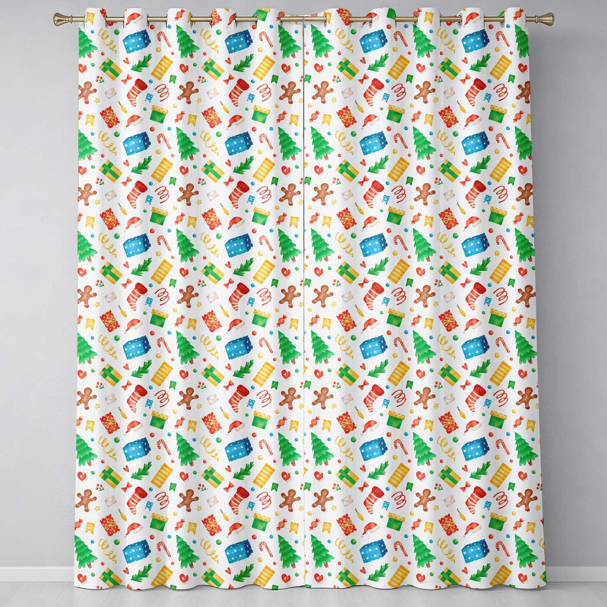 Watercolor Christmas Tree Gingerbread Gift Seamless Pattern Readymade Eyelet Ring Top Thermal 100% Blackout Curtains