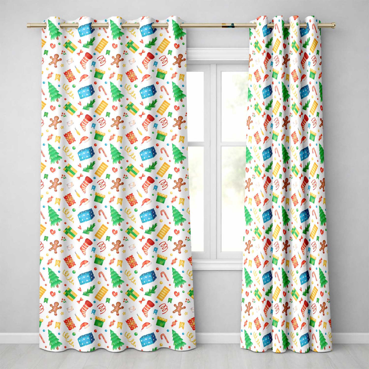 Watercolor Christmas Tree Gingerbread Gift Seamless Pattern Readymade Eyelet Ring Top Thermal 100% Blackout Curtains