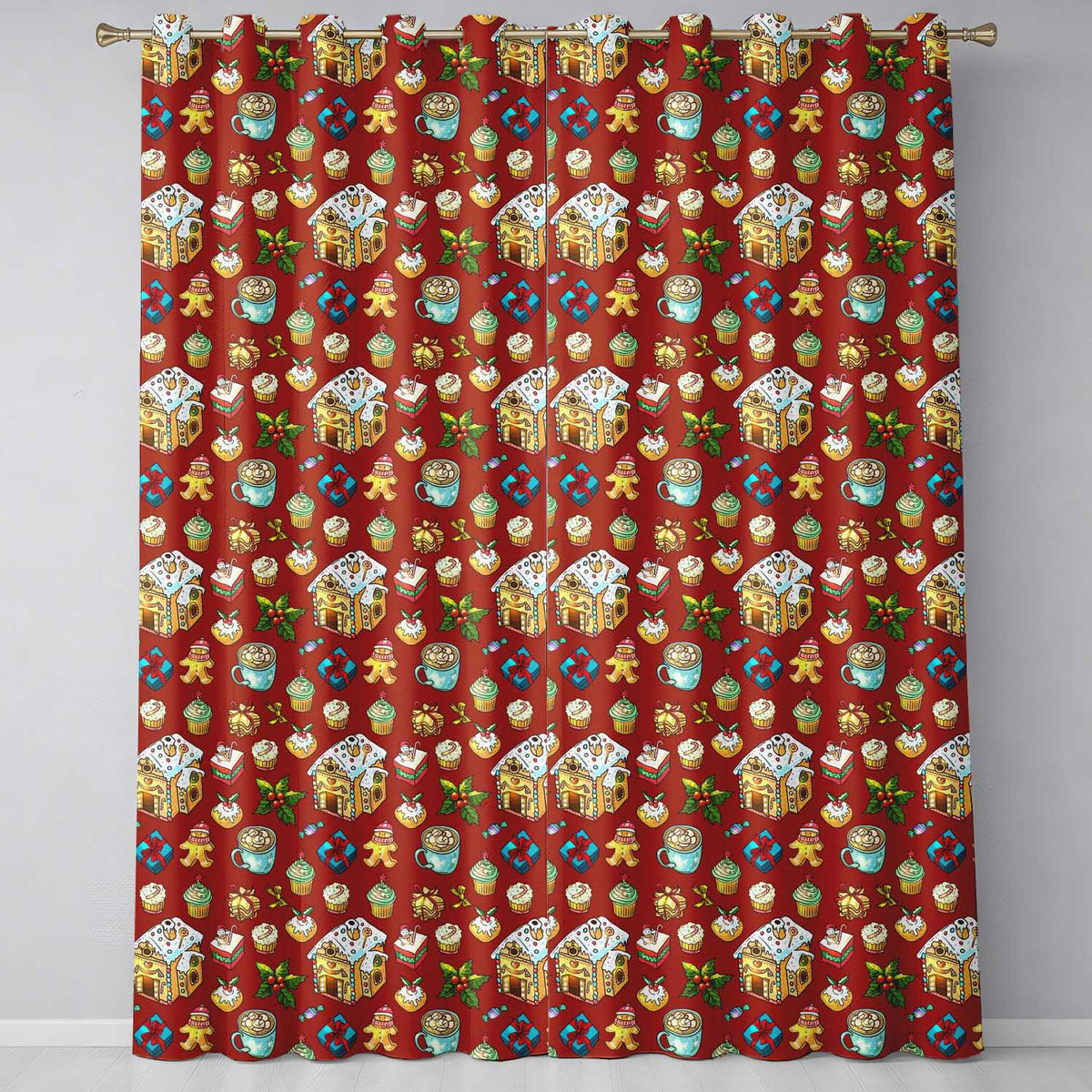 Gingerbread House Cupcake Candy Christmas Seamless Pattern Readymade Eyelet Ring Top Thermal 100% Blackout Curtains