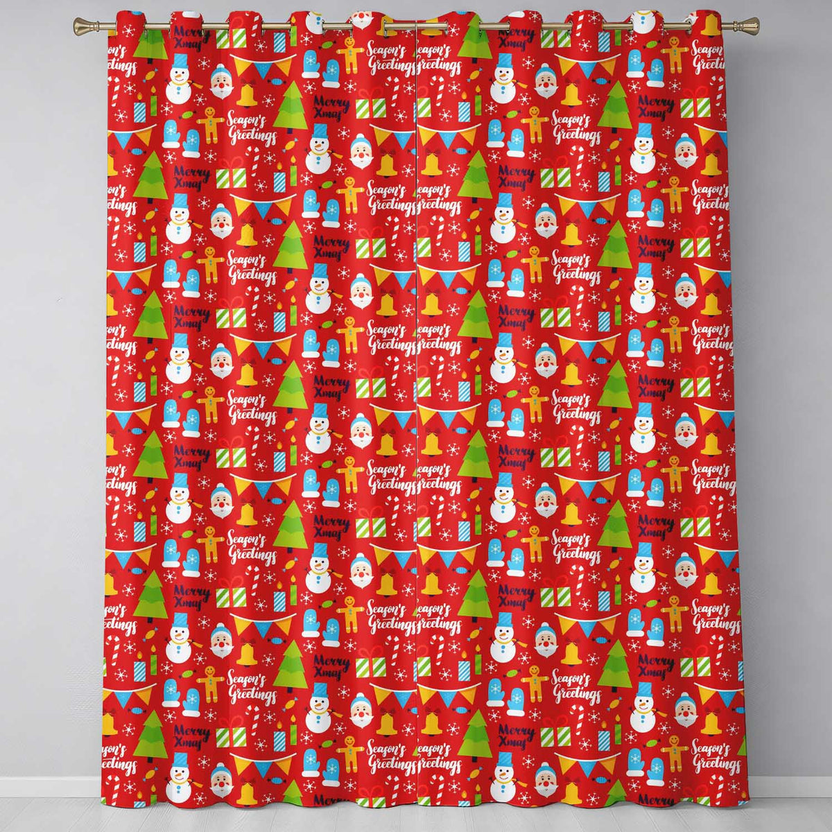 Merry Christmas Santa Snowman Candy Greeting Seamless Pattern Readymade Eyelet Ring Top Thermal 100% Blackout Curtains