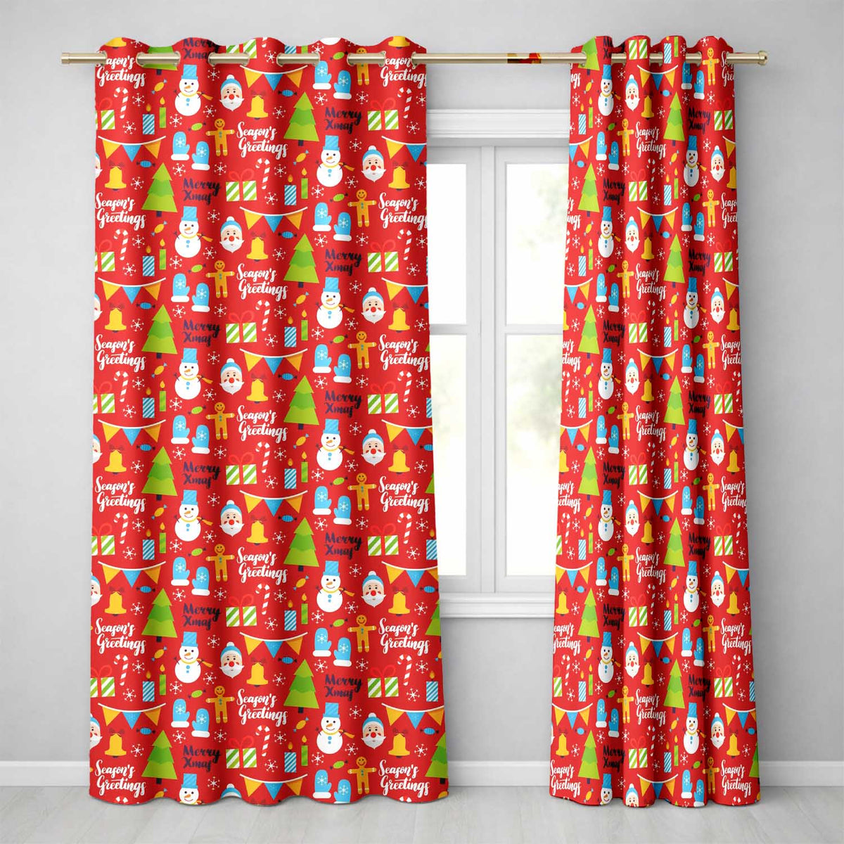Merry Christmas Santa Snowman Candy Greeting Seamless Pattern Readymade Eyelet Ring Top Thermal 100% Blackout Curtains