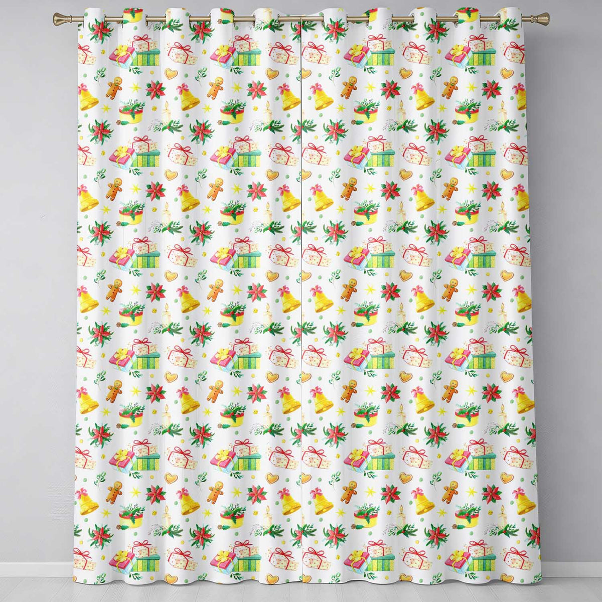Watercolor Christmas Gift Candle Poinsettia Bell Seamless Pattern Readymade Eyelet Ring Top Thermal 100% Blackout Curtains