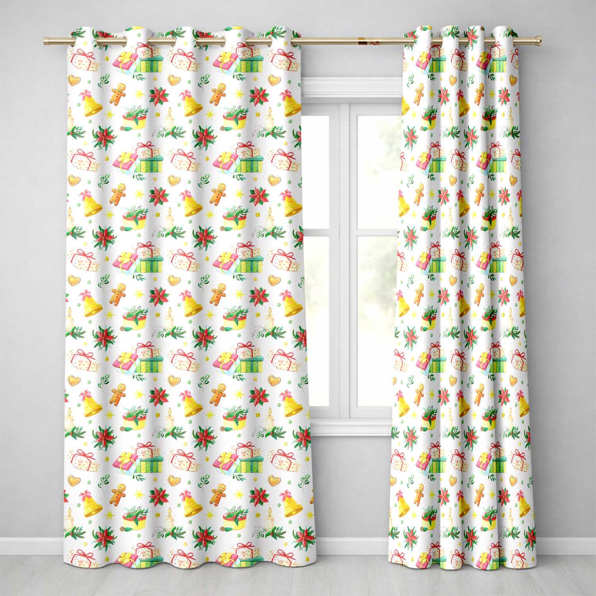 Watercolor Christmas Gift Candle Poinsettia Bell Seamless Pattern Readymade Eyelet Ring Top Thermal 100% Blackout Curtains