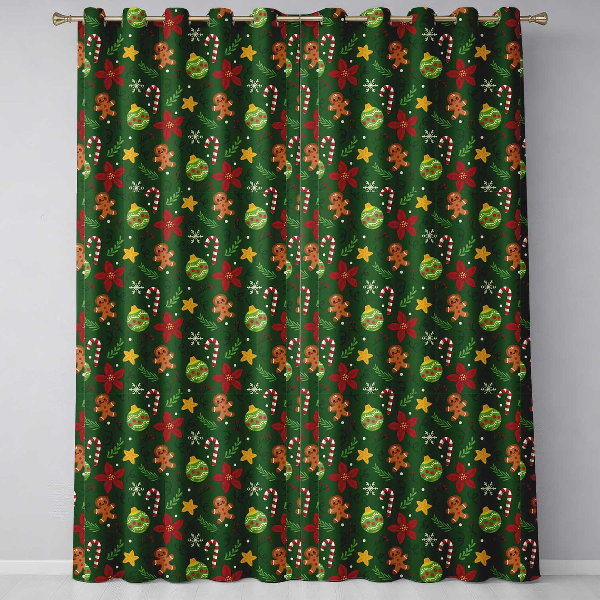 Cute Gingerbread Poinsettia Ornament Candy Cane Seamless Pattern Readymade Eyelet Ring Top Thermal 100% Blackout Curtains