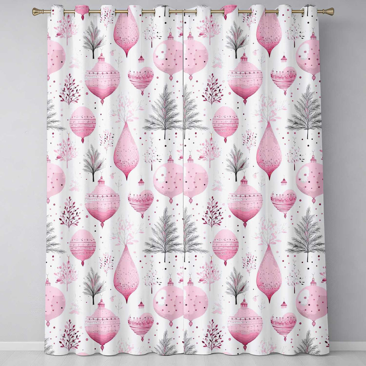 Watercolor Pink Bauble Pine Branch Christmas Seamless Pattern Readymade Eyelet Ring Top Thermal 100% Blackout Curtains