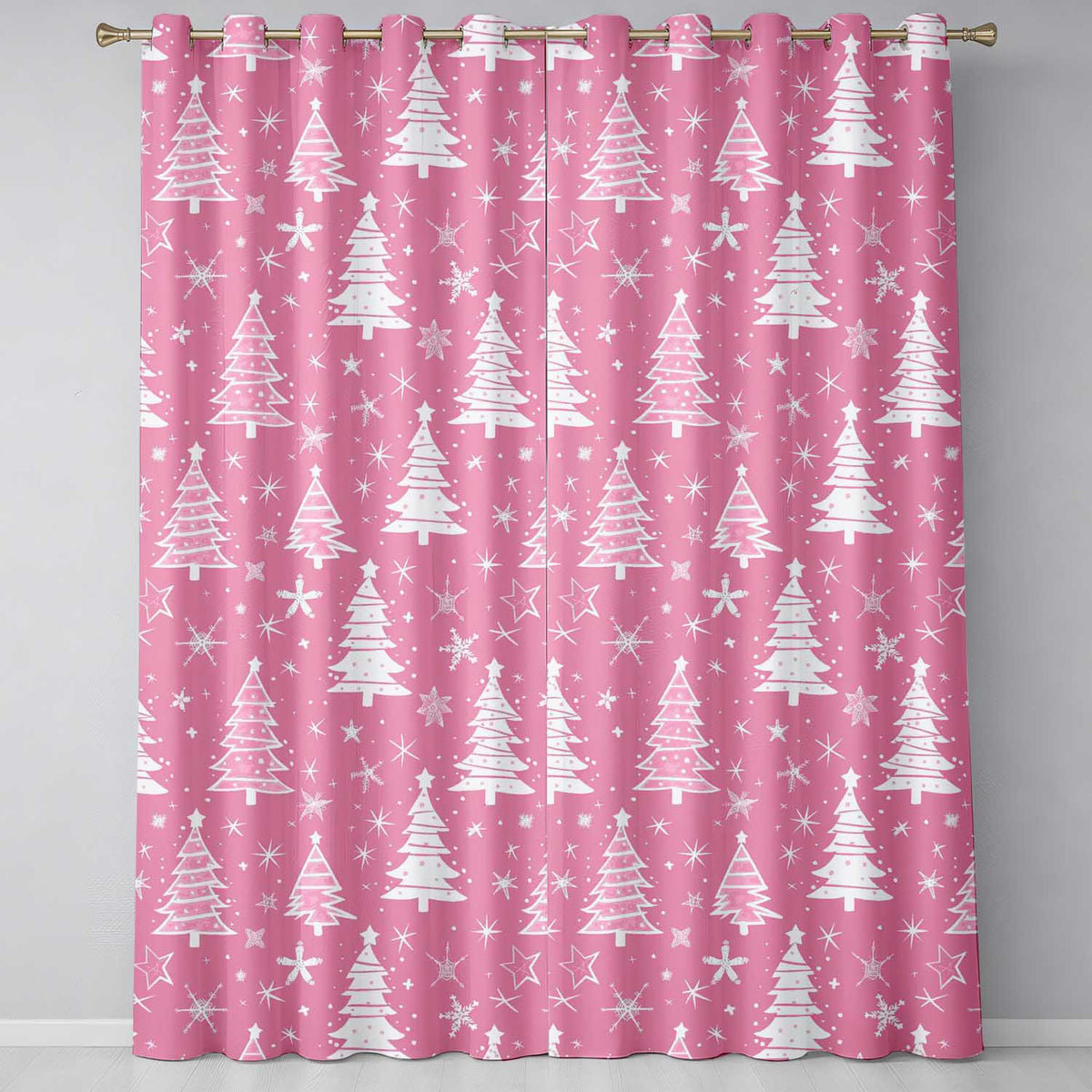 Pink Christmas Tree Snowflake Festive Winter Pattern Chic Style Readymade Eyelet Ring Top Thermal 100% Blackout Curtains