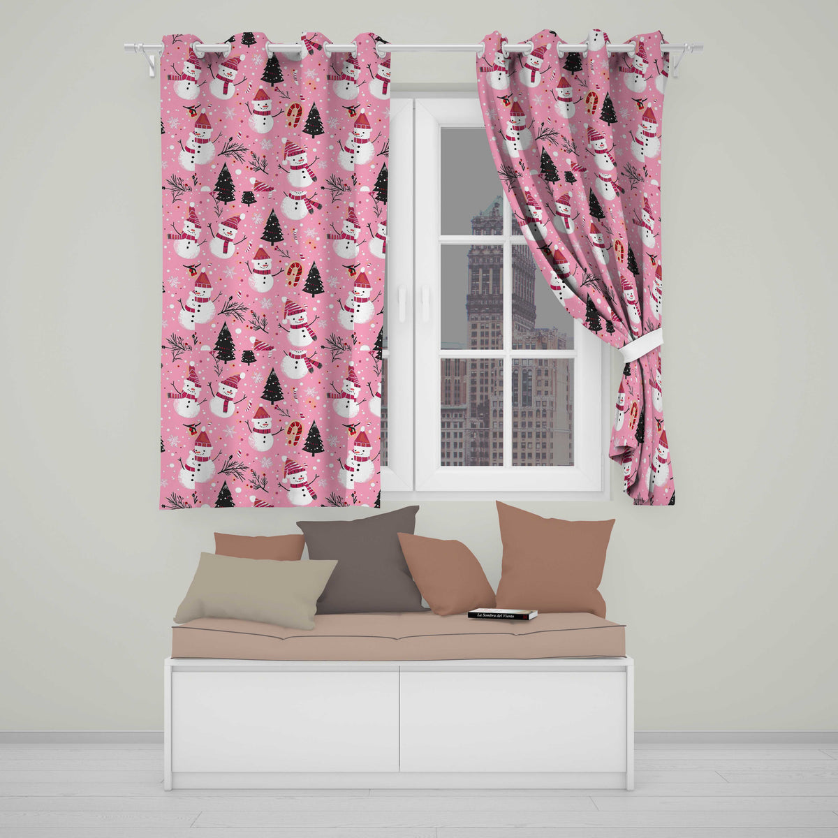 Pink Snowman Candy Cane Christmas Festive Pattern Readymade Eyelet Ring Top Thermal 100% Blackout Curtains