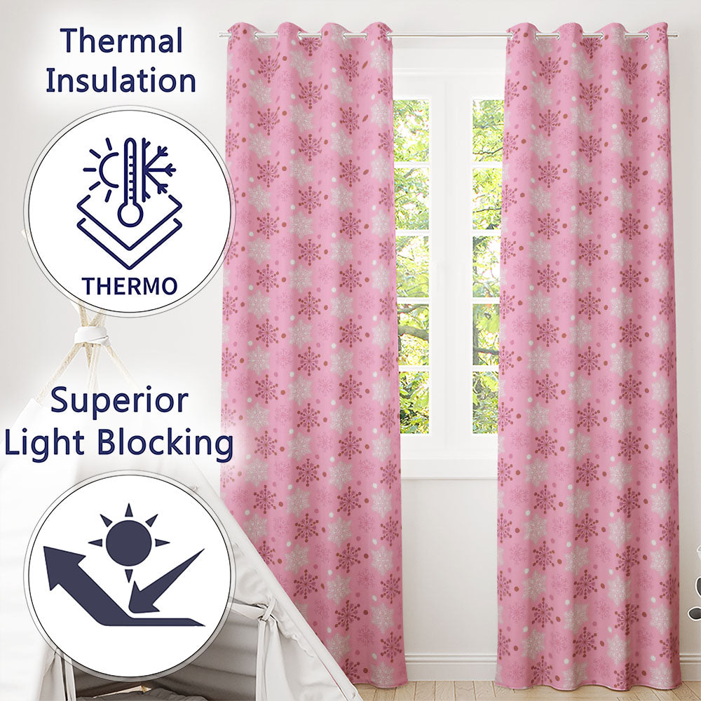 Pink Glitter Snowflake Festive Winter Repeat Pattern Readymade Eyelet Ring Top Thermal 100% Blackout Curtains