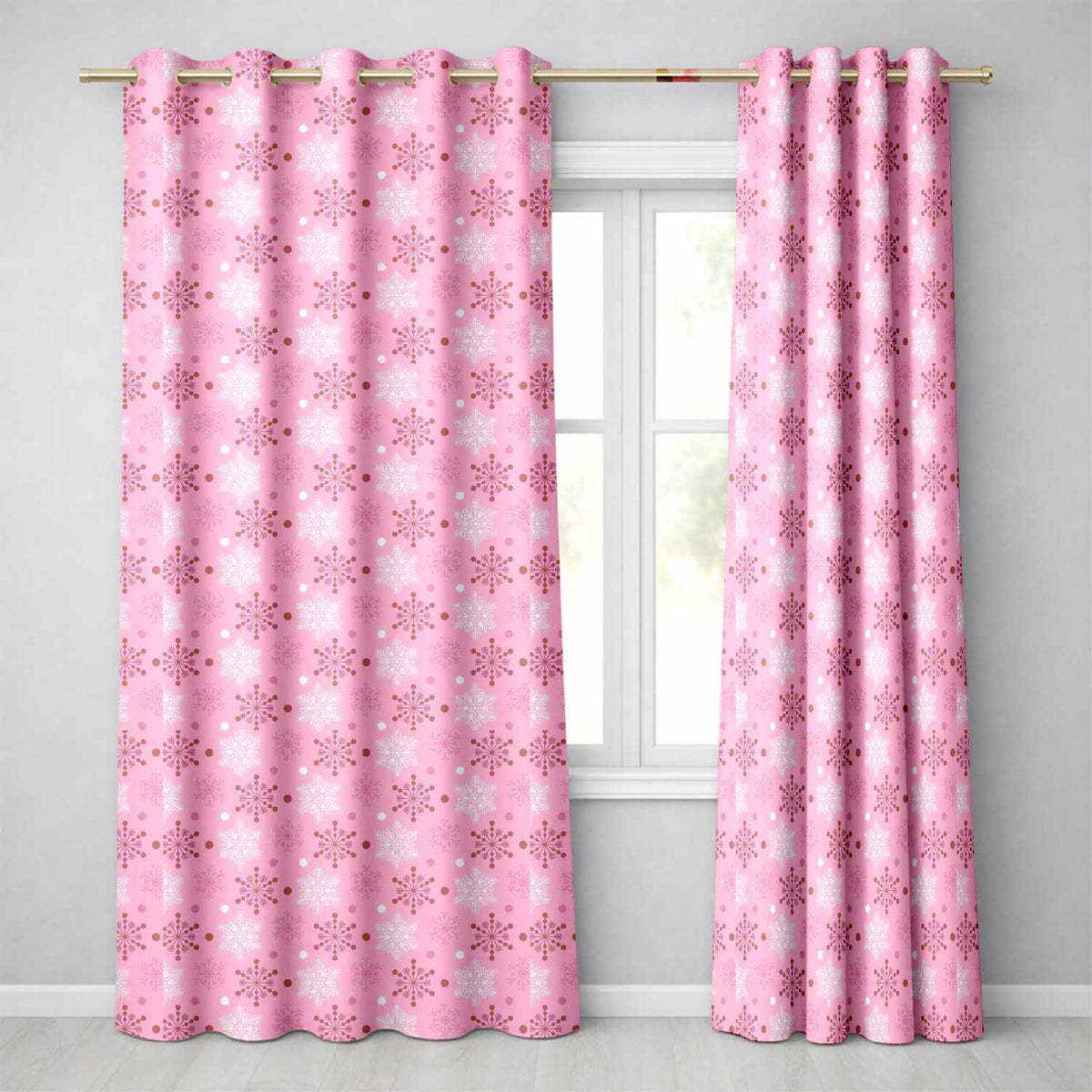 Pink Glitter Snowflake Festive Winter Repeat Pattern Readymade Eyelet Ring Top Thermal 100% Blackout Curtains