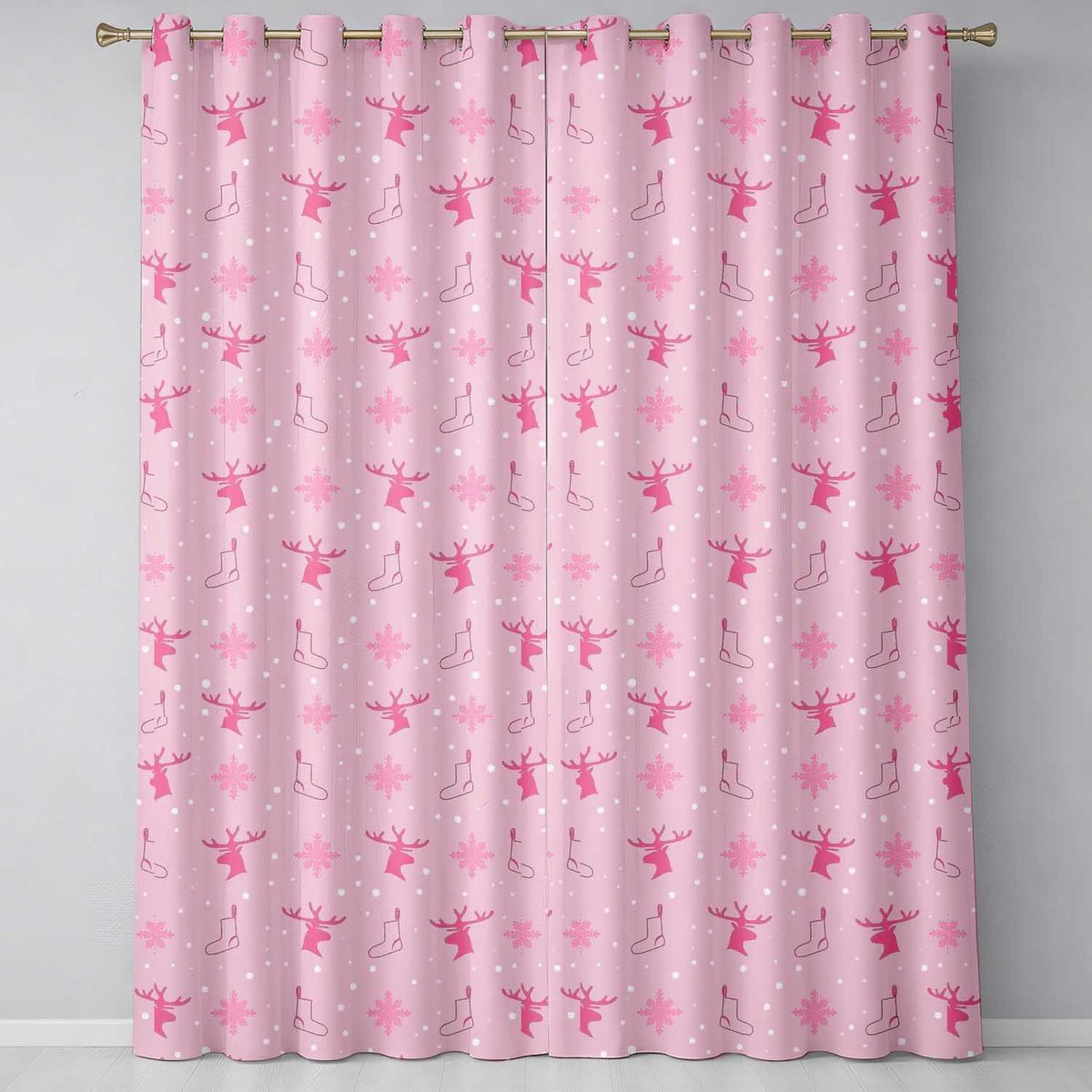 Soft Pink Reindeer Snowflake Christmas Stocking Pattern Readymade Eyelet Ring Top Thermal 100% Blackout Curtains