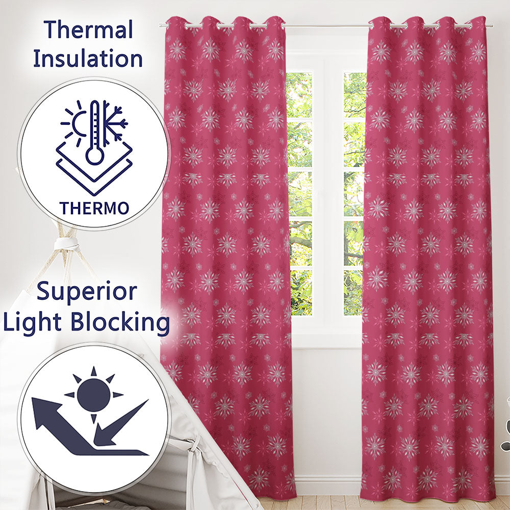 Dark Pink Snowflake Festive Winter Pattern Design Readymade Eyelet Ring Top Thermal 100% Blackout Curtains
