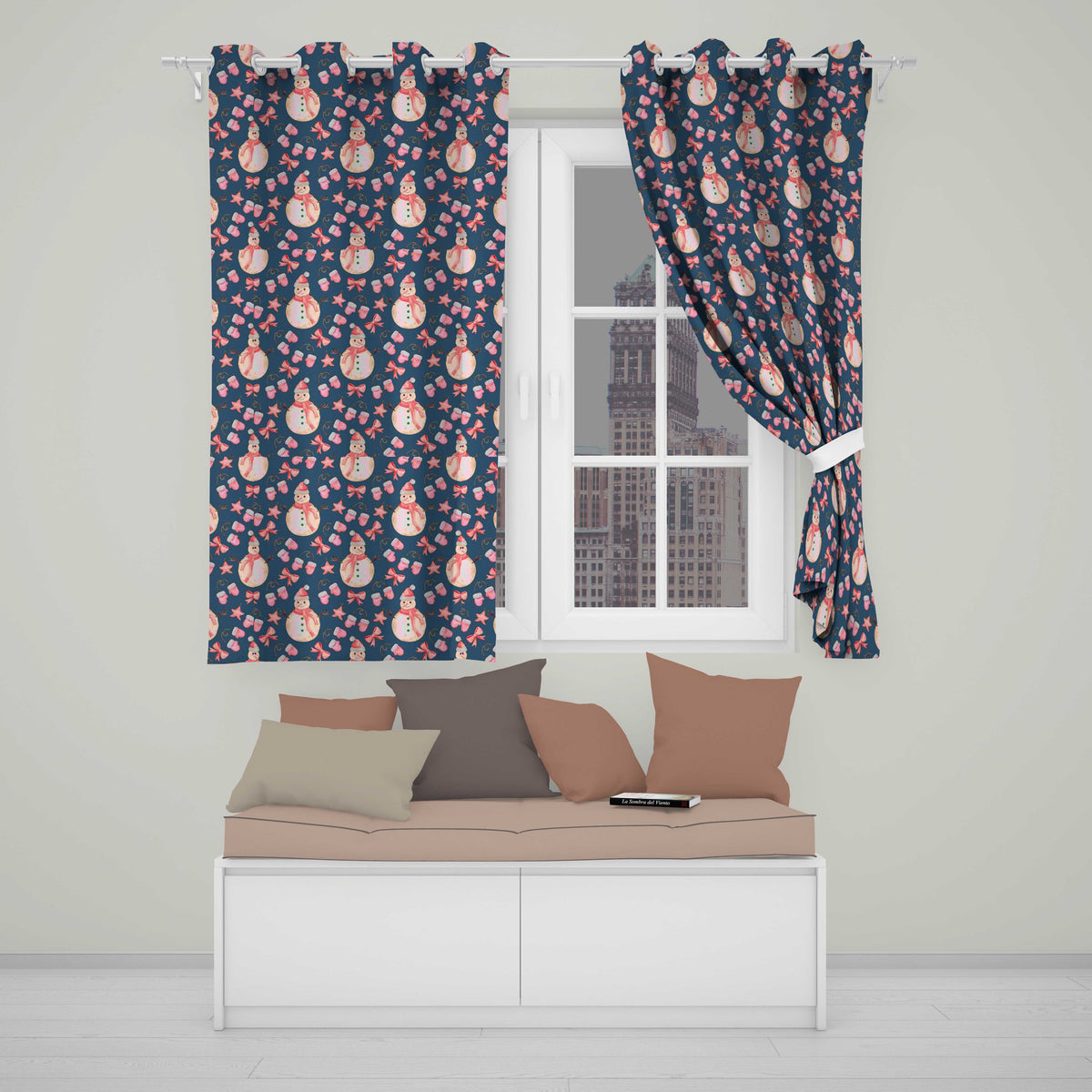 Navy Blue Snowman Bow Winter Christmas Pattern Readymade Eyelet Ring Top Thermal 100% Blackout Curtains