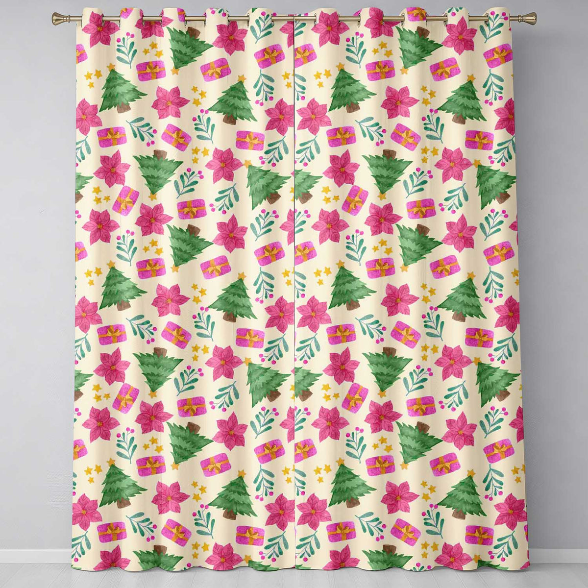 Cream Pink Poinsettia Christmas Tree Pattern Readymade Eyelet Ring Top Thermal 100% Blackout Curtains