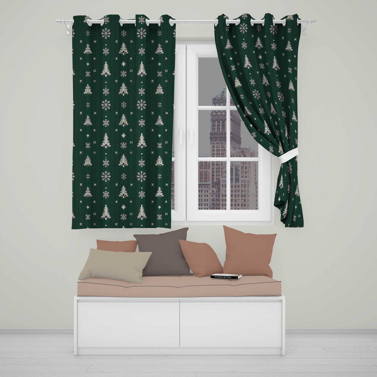 Dark Green Nordic Christmas Tree Snowflake Pattern Readymade Eyelet Ring Top Thermal 100% Blackout Curtains