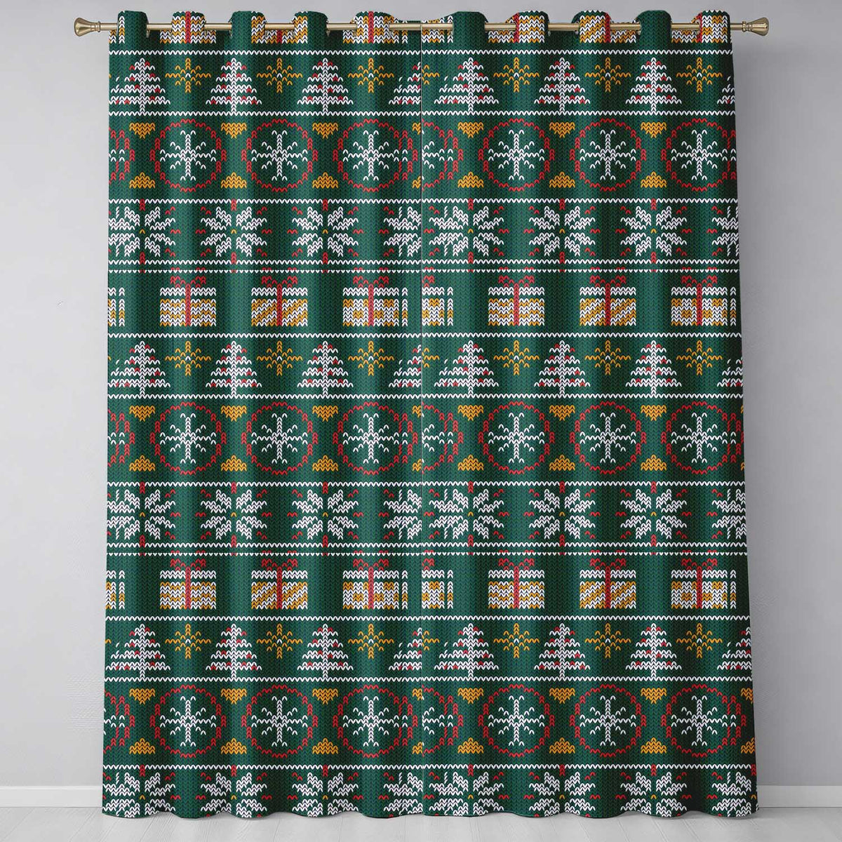 Festive Christmas Tree Star Gift Knitted Seamless Pattern Readymade Eyelet Ring Top Thermal 100% Blackout Curtains